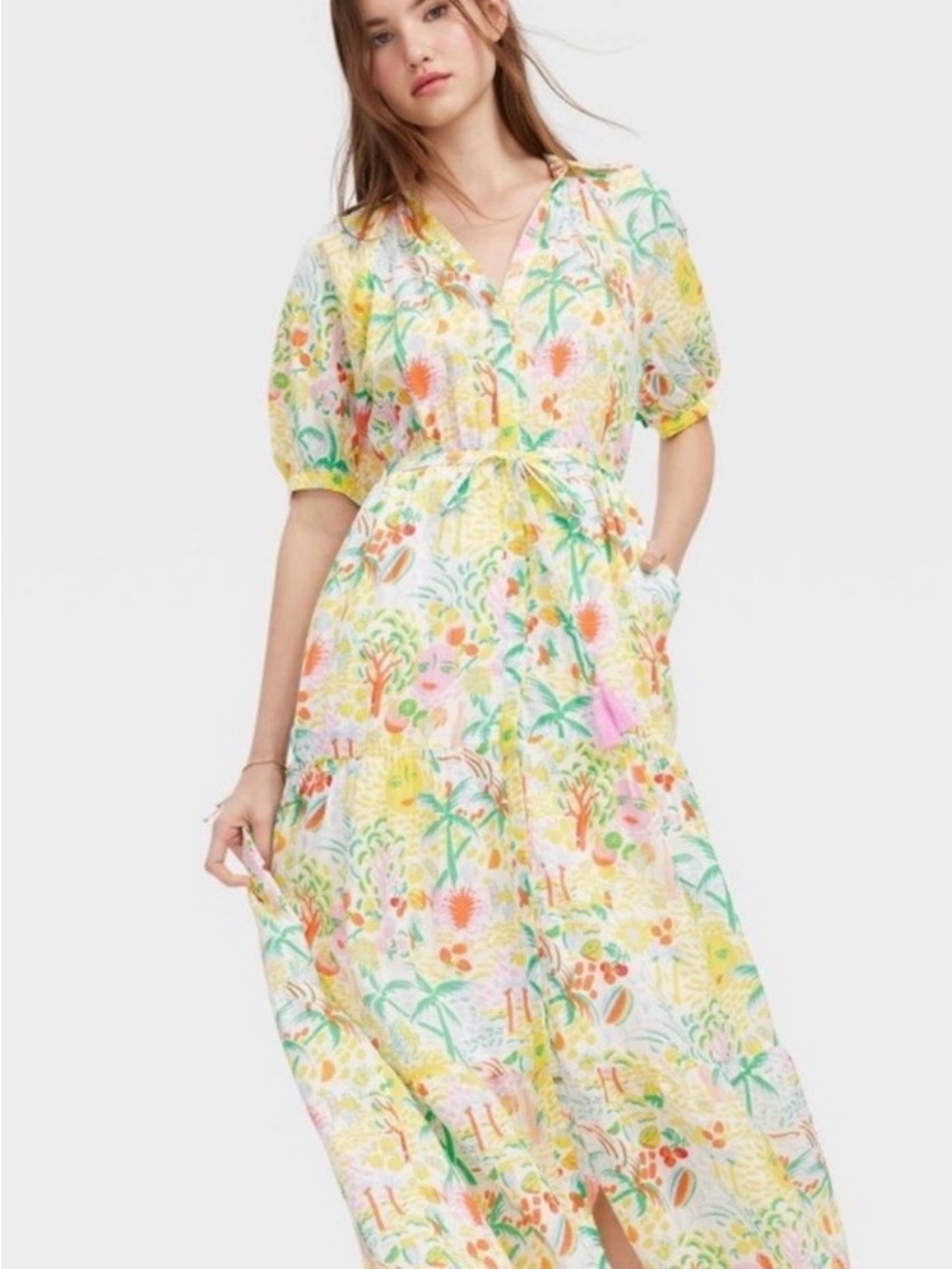 Roller Rabbit Yellow Multi Floral Tie-Waist Maxi Dress! 100 percent cotton- S/M